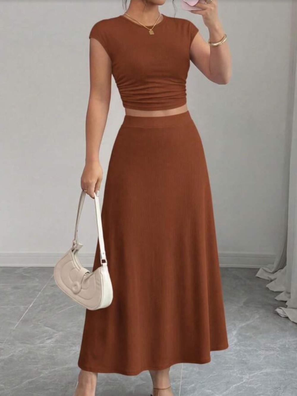 Brown  Ribbed A-Line Maxi Skirt and Crop To Set